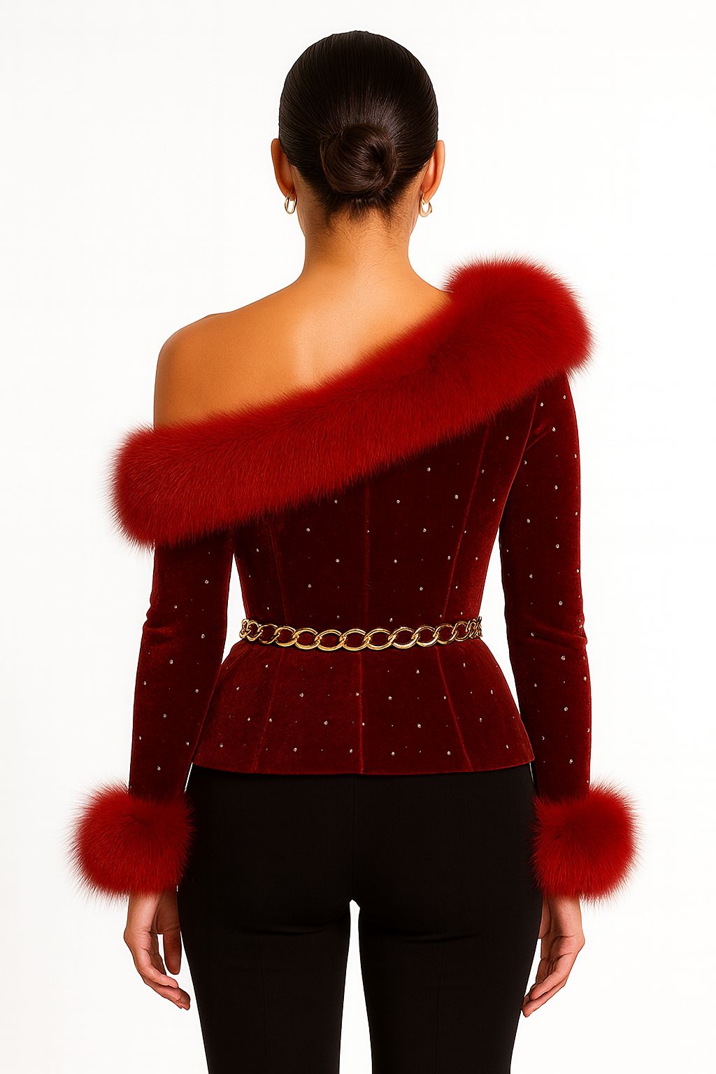 Red Fur Velvet One-Shoulder Top
