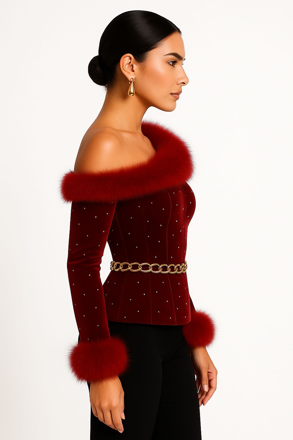 Red Fur Velvet One-Shoulder Top