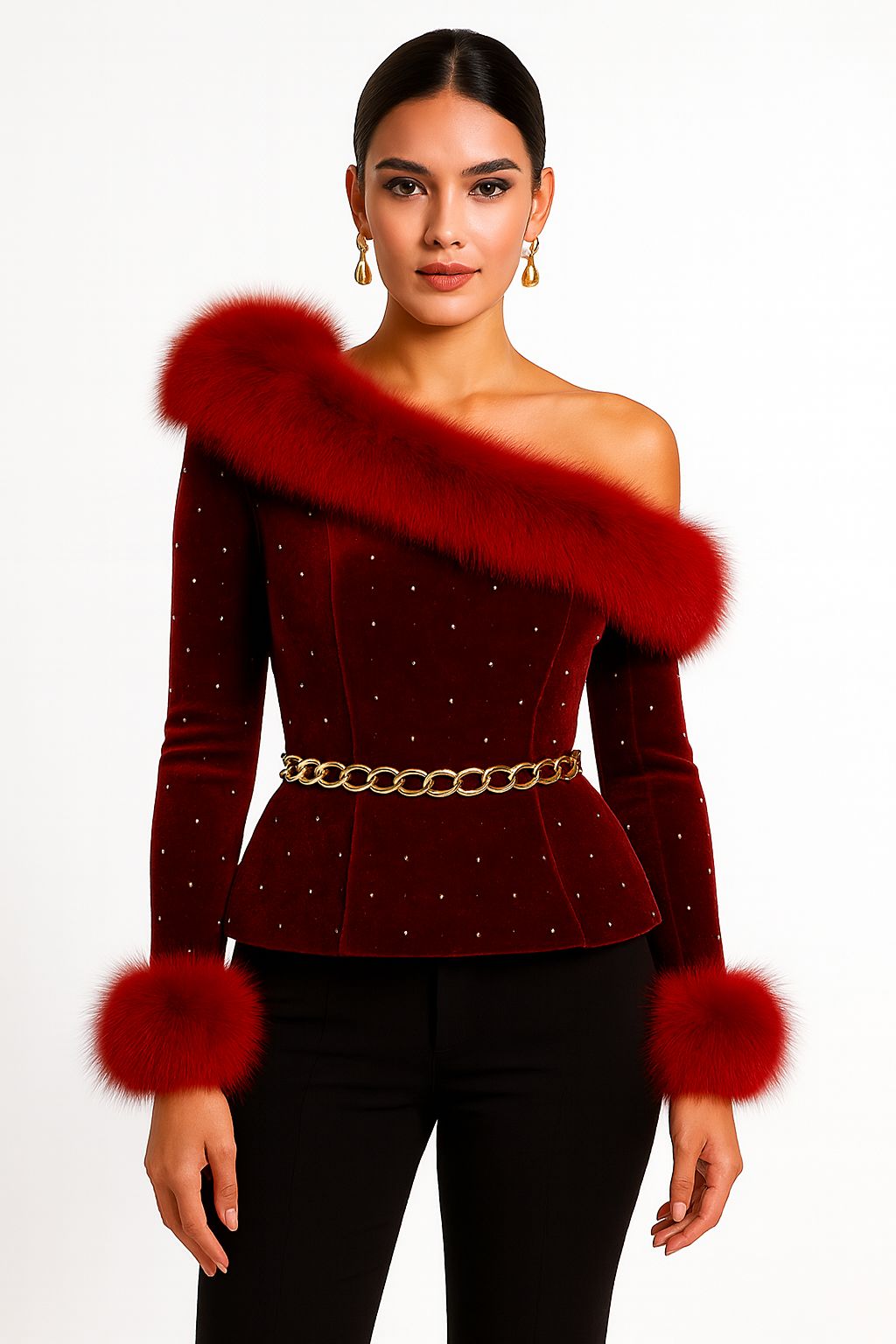 Red Fur Velvet One-Shoulder Top