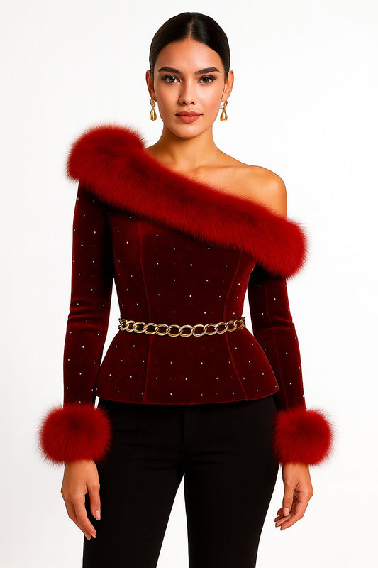 Red Fur Velvet One-Shoulder Top